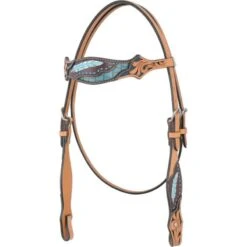 Western Rawhide Country Legend Gator And Feathers Browband Headstall - Golden/Turquoise