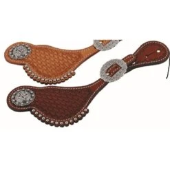 Western Rawhide Country Legend Shaped Basket ToolingSpur Straps With Steel Dots - Chestnut