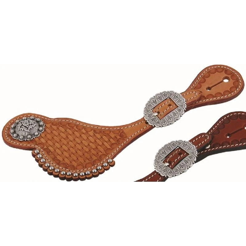 Western Rawhide Country Legend Shaped Basket ToolingSpur Straps With Steel Dots - Golden Tan 1 Western Rawhide Country Legend Shaped Basket ToolingSpur Straps With Steel Dots - Golden Tan