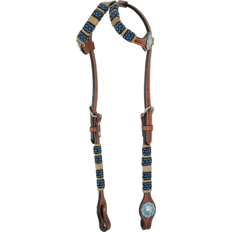 Western Rawhide Turquoise Beads Double Ear Headstall - Chestnut 1 Western Rawhide Turquoise Beads Double Ear Headstall - Chestnut